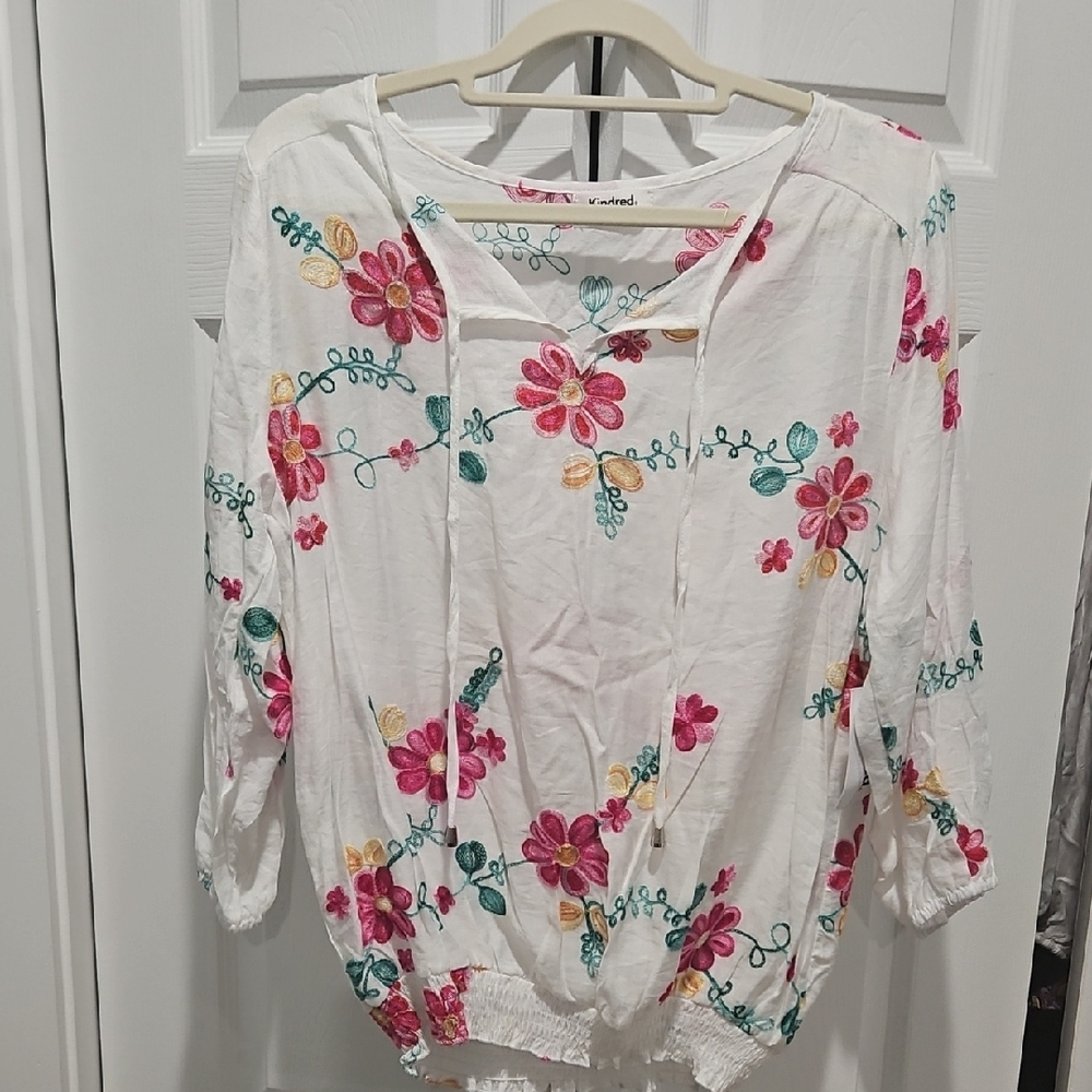 Floral Embroidered Top - White and Pink